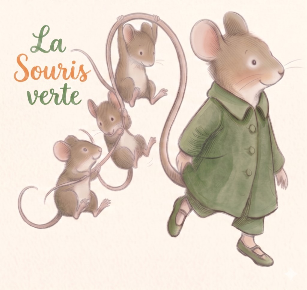 La Souris verte — illustration d'une souris en manteau vert avec ses petits